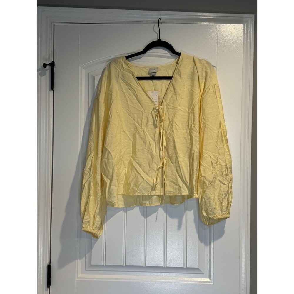 A New Day Blouse Womens Large Yellow Tie Front Long Balloon Sleeve V Neck NWT